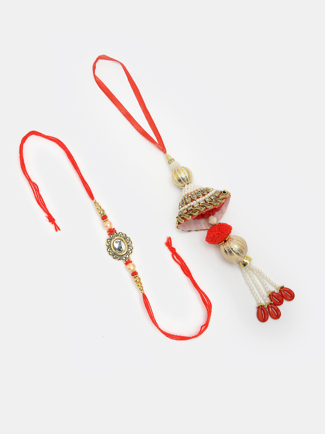 Set Of 2 Gold & Red Kundan-Studded Bhaiya Bhabhi Rakhi With Roli Chawal