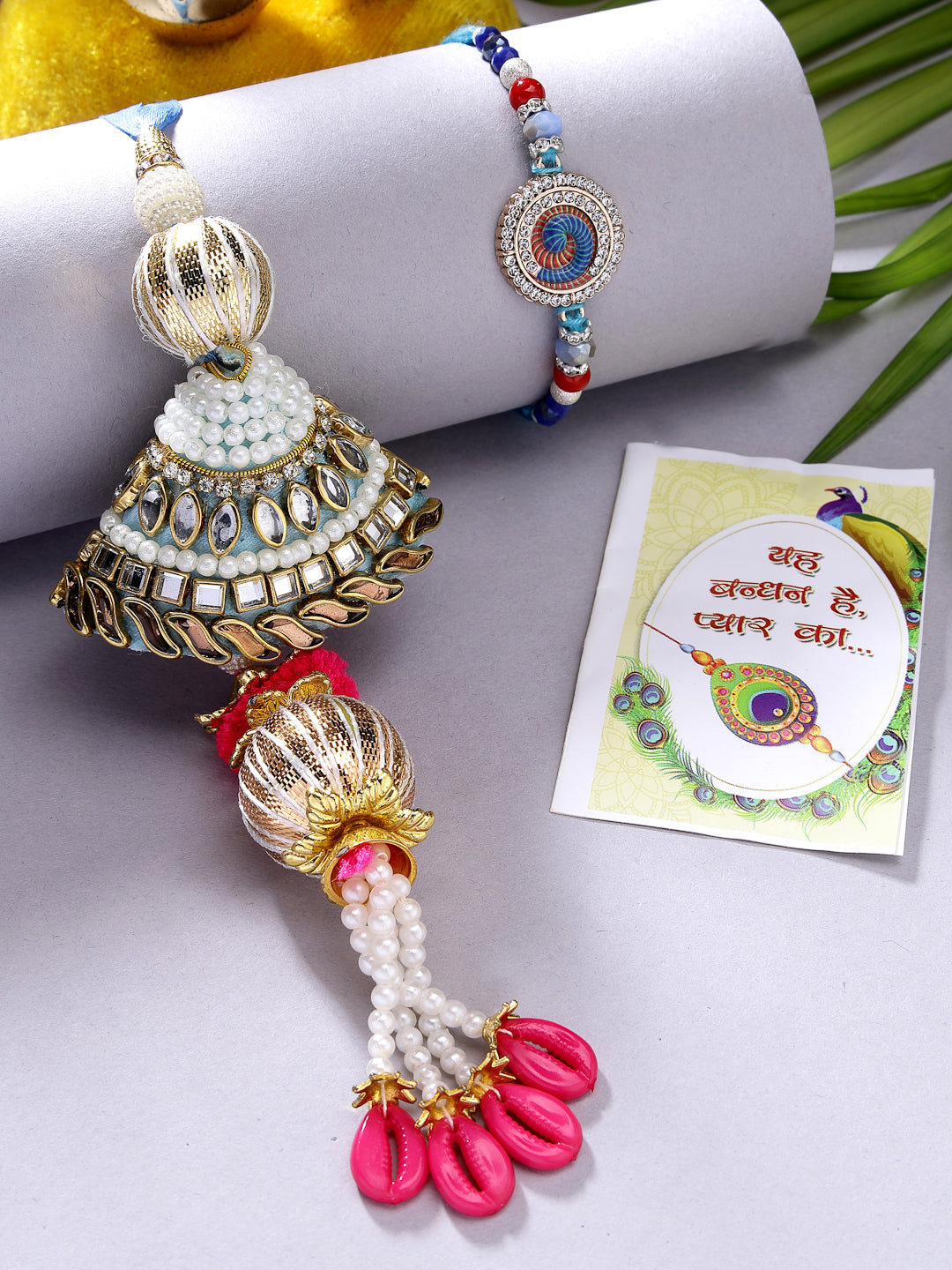 Set Of 2 Blue Kundan-Studded & Beaded Bhaiya Bhabhi Rakhi With Roli Chawal & Chocolate