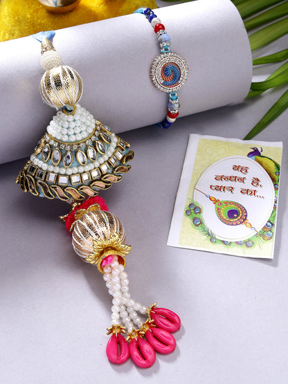 Set Of 2 Blue Kundan-Studded & Beaded Bhaiya Bhabhi Rakhi With Roli Chawal & Chocolate