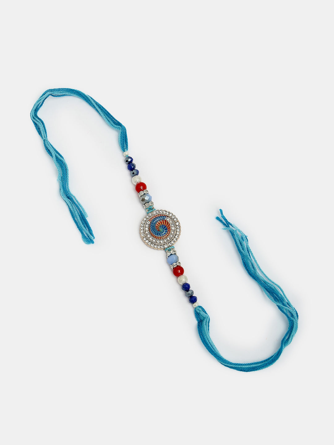 Set Of 2 Blue Kundan-Studded & Beaded Bhaiya Bhabhi Rakhi With Roli Chawal & Chocolate