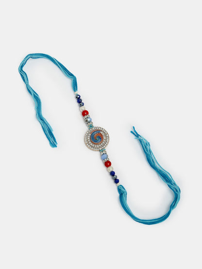 Set Of 2 Blue Kundan-Studded & Beaded Bhaiya Bhabhi Rakhi With Roli Chawal & Chocolate