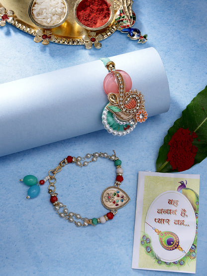 Set Of 2 Multicolor Stone-Studded & Beaded Bhaiya Bhabhi Rakhi With Roli Chawal