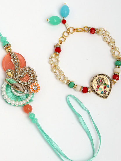Set Of 2 Multicolor Stone-Studded & Beaded Bhaiya Bhabhi Rakhi With Roli Chawal