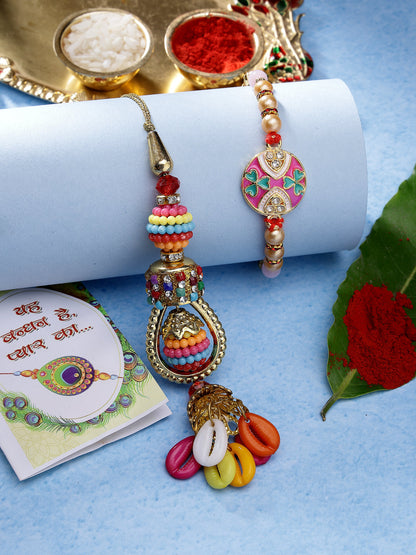 Set Of 2 Multicolor Artificial Beads Bhaiya Bhabhi Rakhi With Roli Chawal