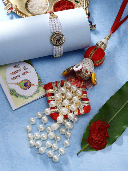 Set Of 2 White Pearl Bhaiya Bhabhi Rakhi With Roli Chawal & Chocolate