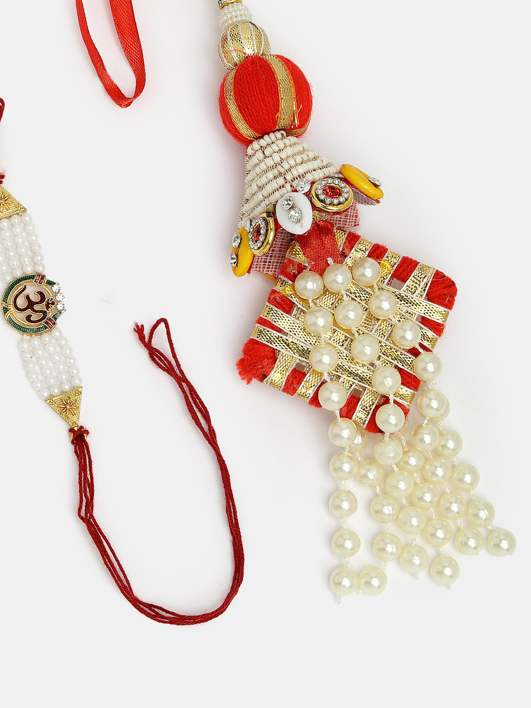 Set Of 2 White Pearl Bhaiya Bhabhi Rakhi With Roli Chawal