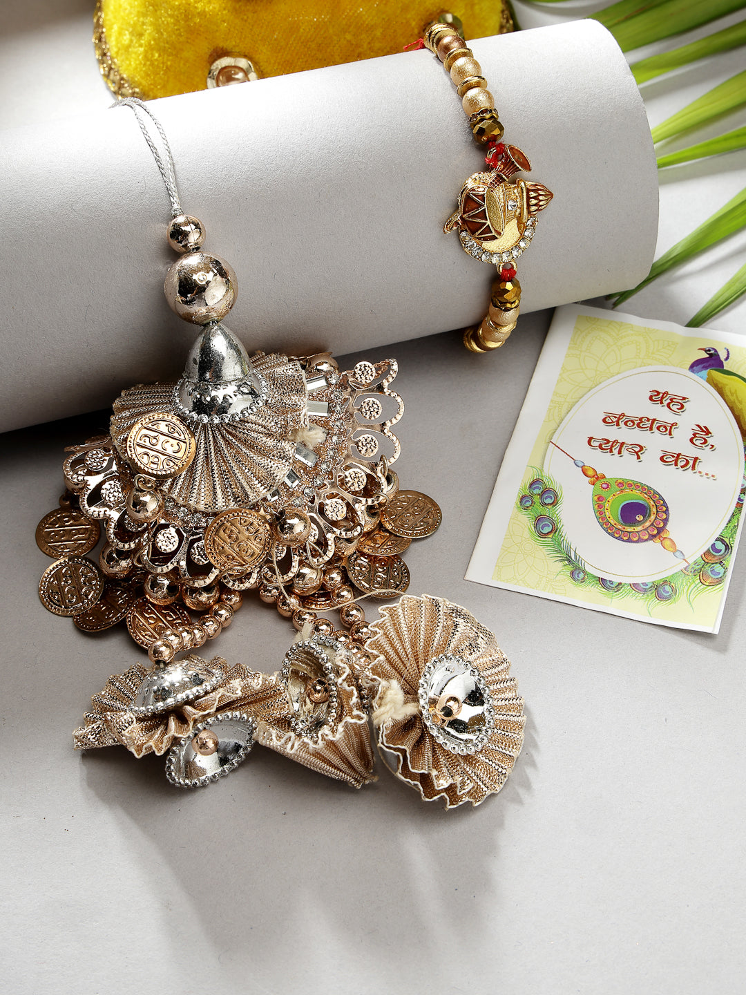 Set Of 2 Gold Artificial Beads Bhaiya Bhabhi Rakhi With Roli Chawal