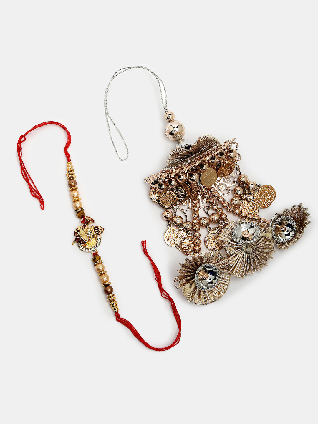 Set Of 2 Gold Artificial Beads Bhaiya Bhabhi Rakhi With Roli Chawal