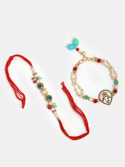 Set Of 2 Multicolor Artificial Beads Bhaiya Bhabhi Rakhi With Roli Chawal & Chocolate