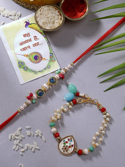 Set Of 2 Multicolor Artificial Beads Bhaiya Bhabhi Rakhi With Roli Chawal