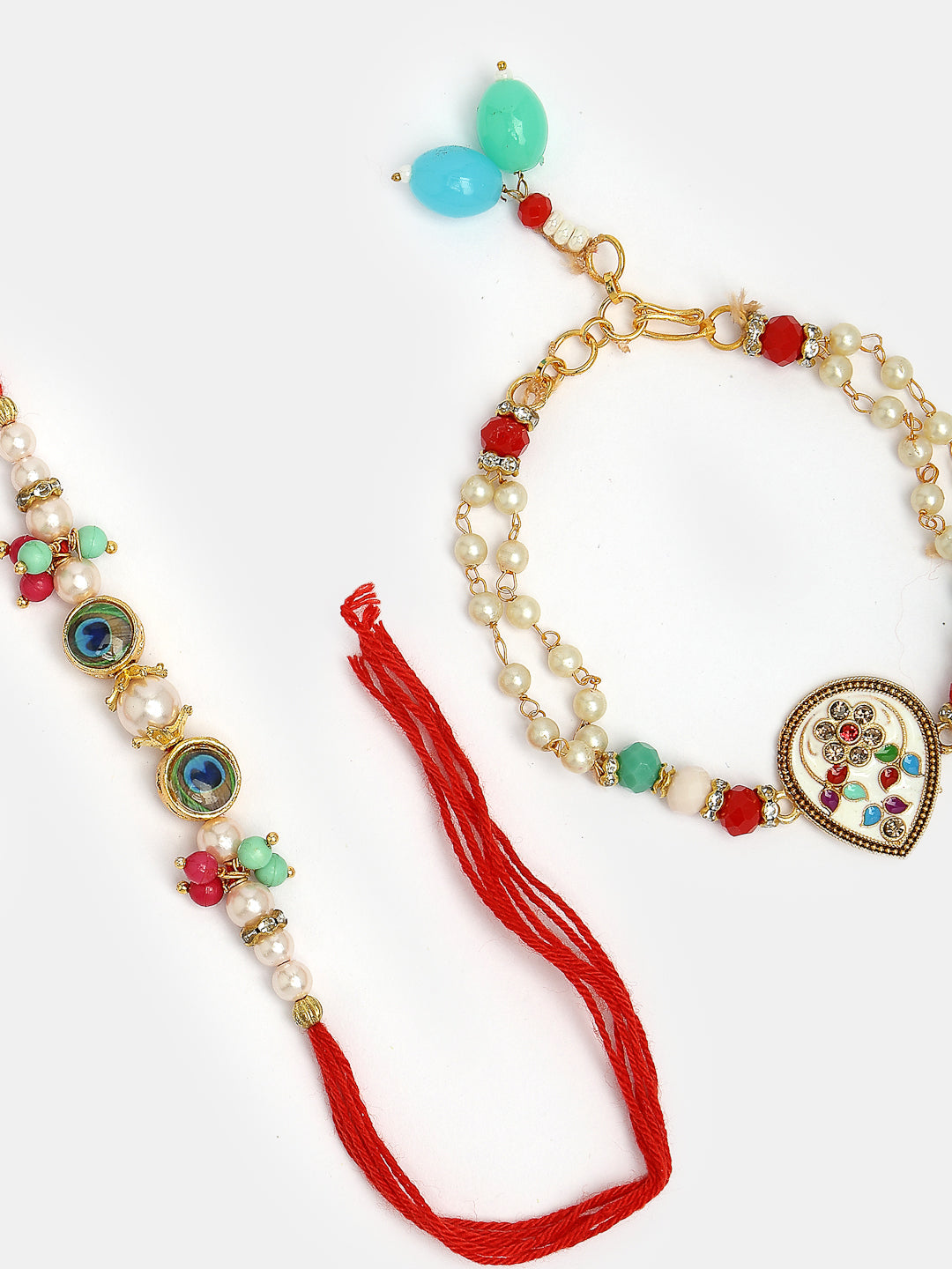 Set Of 2 Multicolor Artificial Beads Bhaiya Bhabhi Rakhi With Roli Chawal