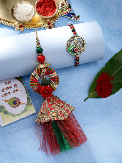 Set Of 2 Multicolor Peacock Design Bhaiya Bhabhi Rakhi With Roli Chawal & Chocolate