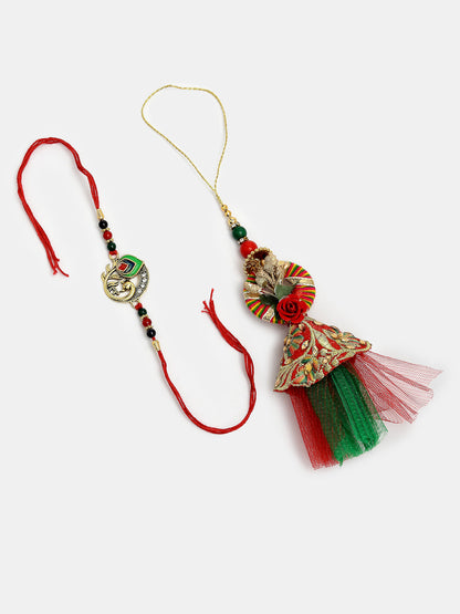 Set Of 2 Multicolor Peacock Design Bhaiya Bhabhi Rakhi With Roli Chawal & Chocolate