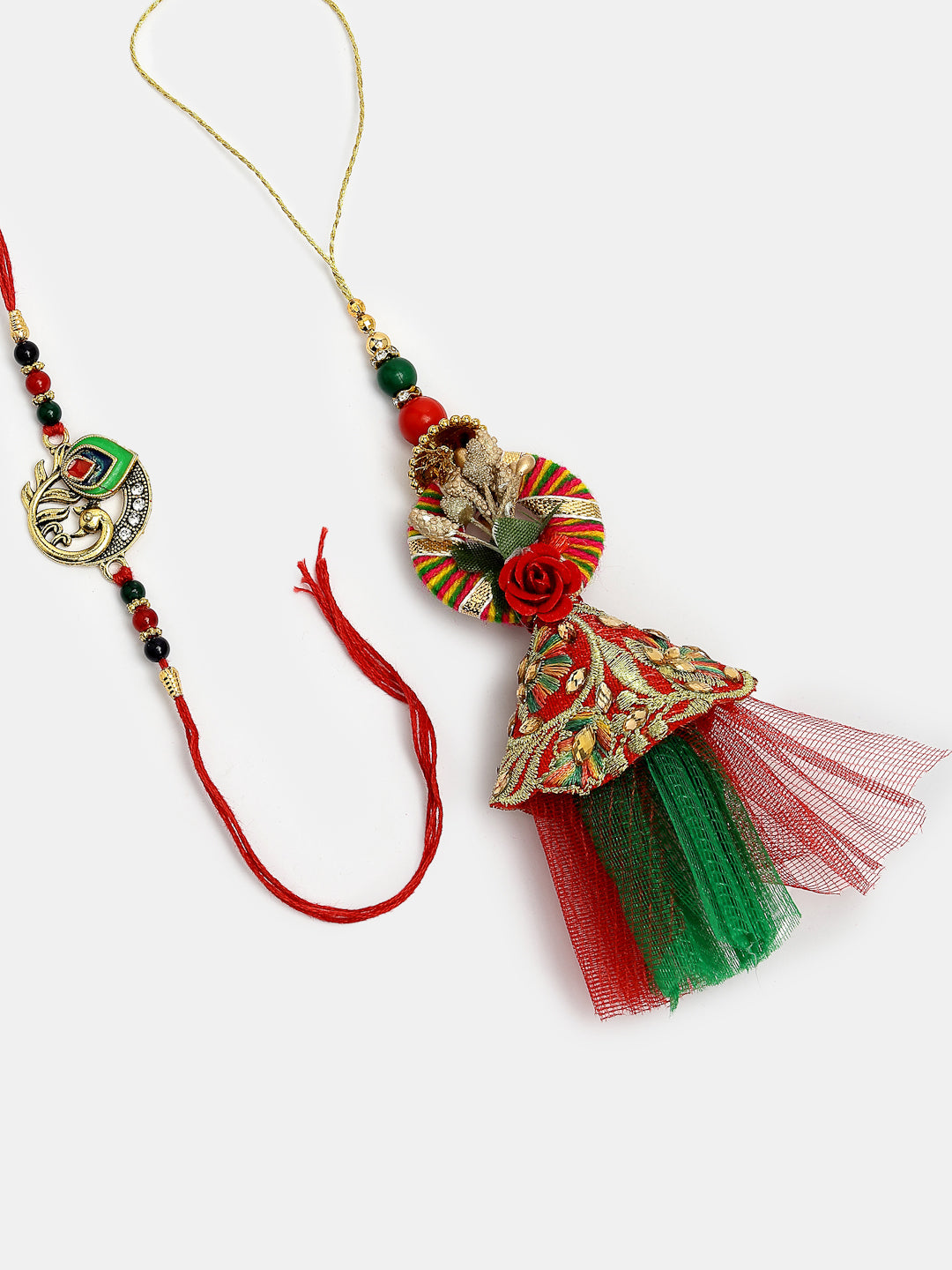 Set Of 2 Multicolor Peacock Design Bhaiya Bhabhi Rakhi With Roli Chawal