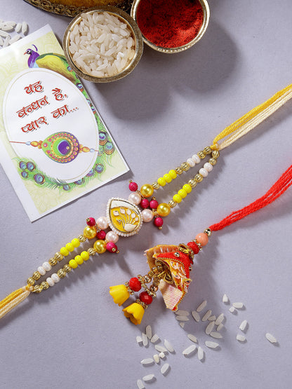Set Of 2 Yellow Peacock Design Bhaiya Bhabhi Rakhi With Roli Chawal