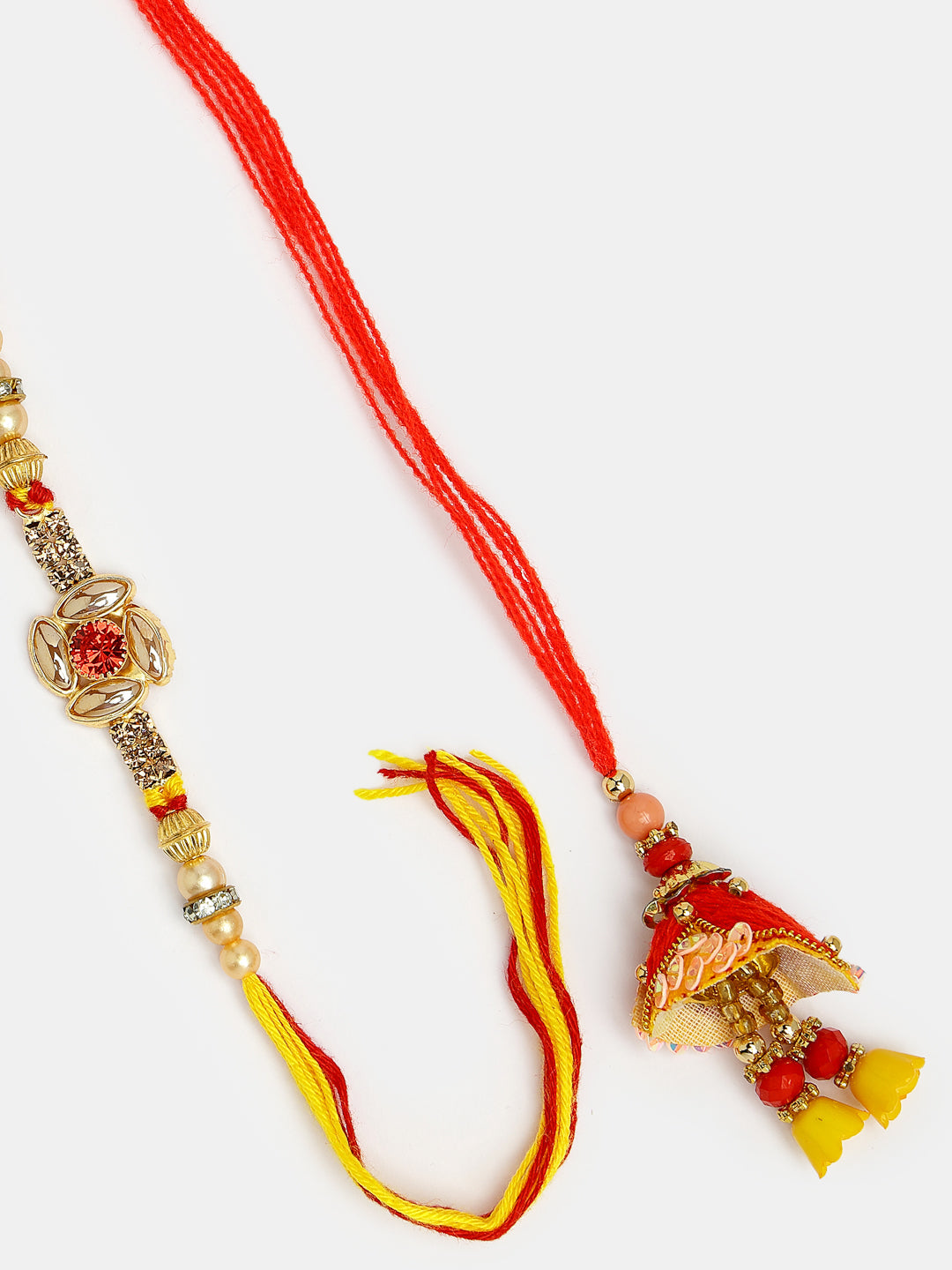 Set Of 2 Red & Gold-Toned Stone-Studded Bhaiya Bhabhi Rakhi With Roli Chawal & Chocolate
