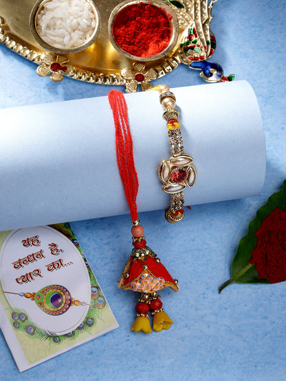 Set Of 2 Red & Gold-Toned Stone-Studded Bhaiya Bhabhi Rakhi With Roli Chawal