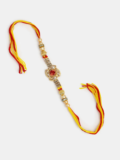 Set Of 2 Red & Gold-Toned Stone-Studded Bhaiya Bhabhi Rakhi With Roli Chawal
