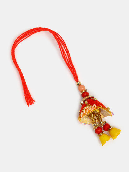 Set Of 2 Red & Gold-Toned Stone-Studded Bhaiya Bhabhi Rakhi With Roli Chawal