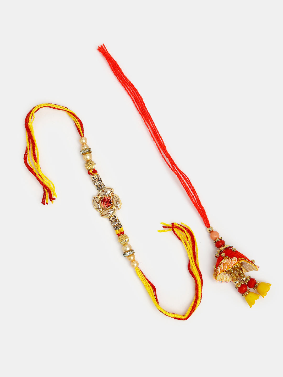 Set Of 2 Red & Gold-Toned Stone-Studded Bhaiya Bhabhi Rakhi With Roli Chawal