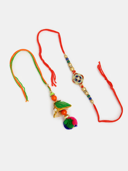 Set Of 2 Multicolor Beaded Bhaiya Bhabhi Rakhi With Roli Chawal & Chocolate