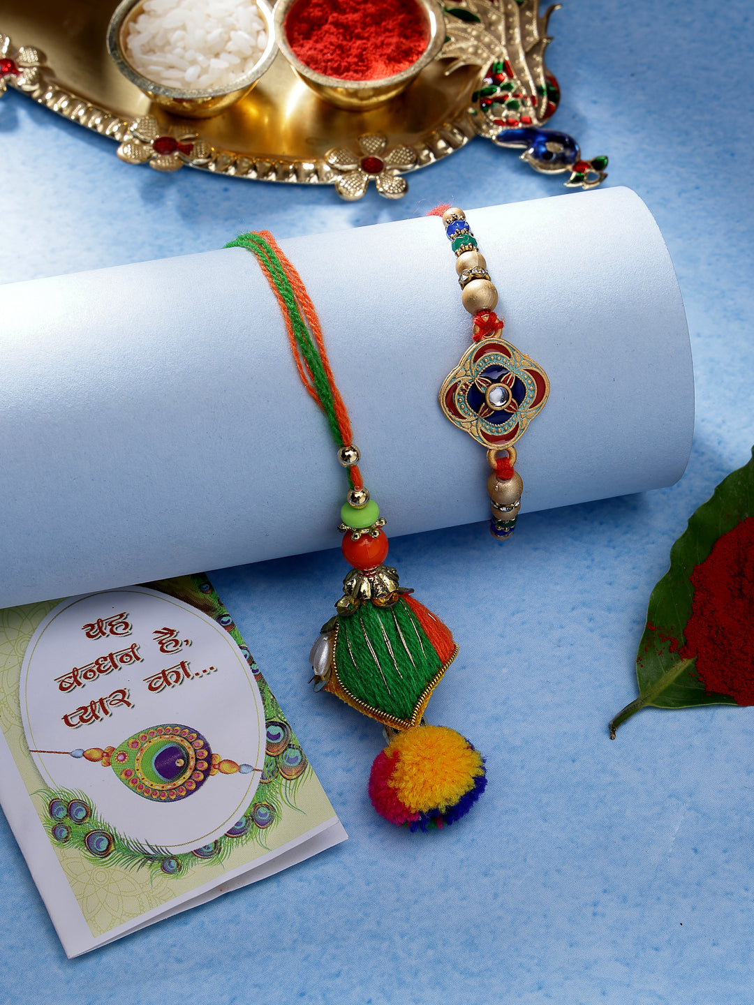 Set Of 2 Multicolor Beaded Bhaiya Bhabhi Rakhi With Roli Chawal