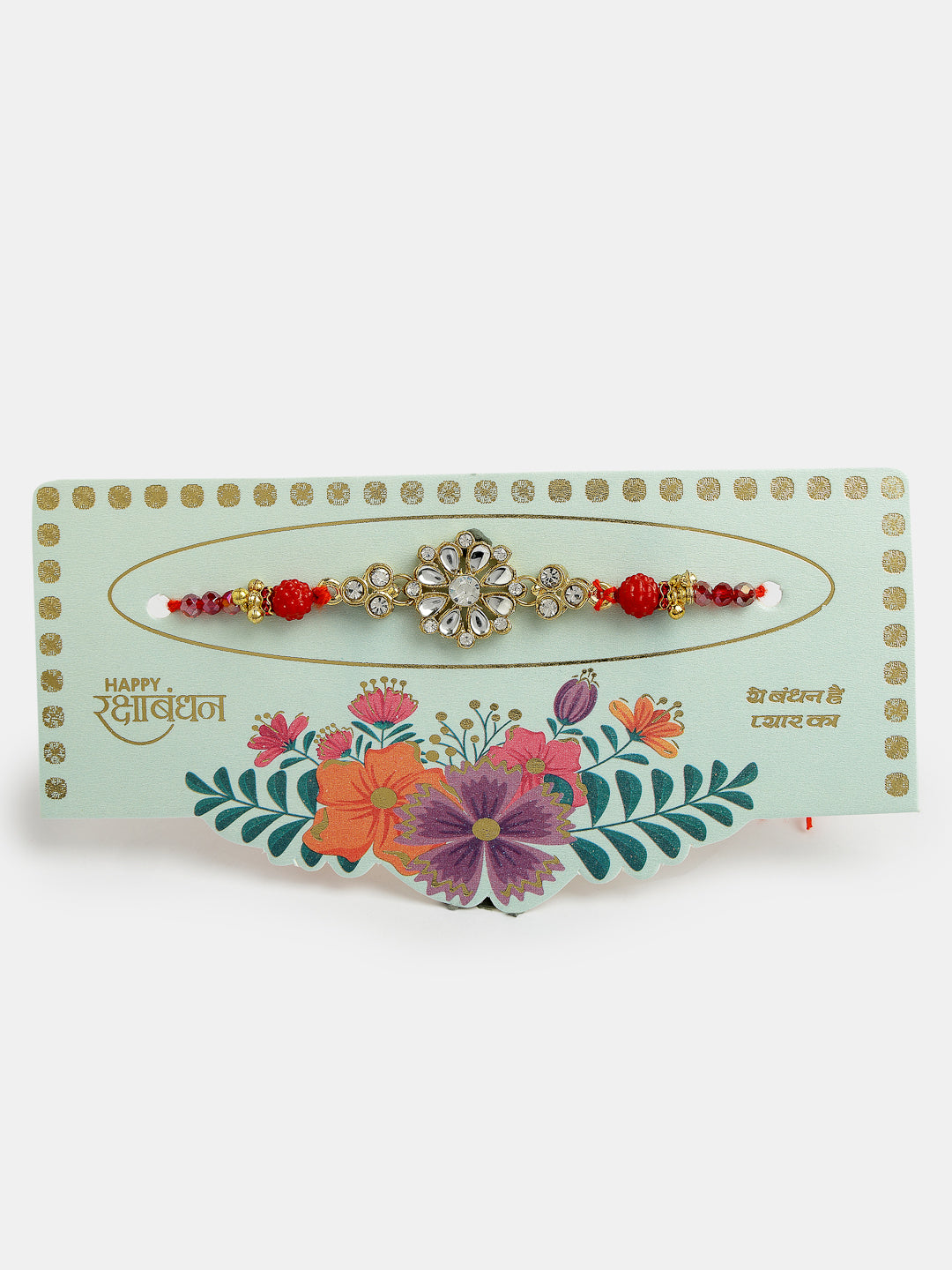 Gold-Toned Stone-Studded Rakhi With Roli Chawal & Chocolate