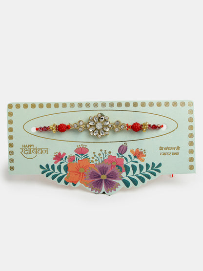 Gold-Toned Stone-Studded Rakhi With Roli Chawal