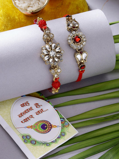 Set Of 2 Gold-Toned Stone-Studded Rakhi With Roli Chawal & Chocolate