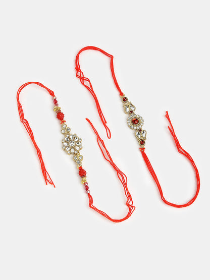 Set Of 2 Gold-Toned Stone-Studded Rakhi With Roli Chawal