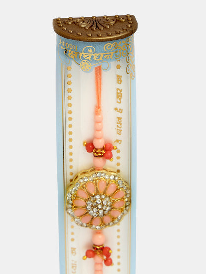 Pink Stone-Studded Rakhi With Roli Chawal & Chocolate