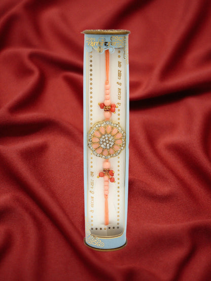 Pink Stone-Studded Rakhi With Roli Chawal