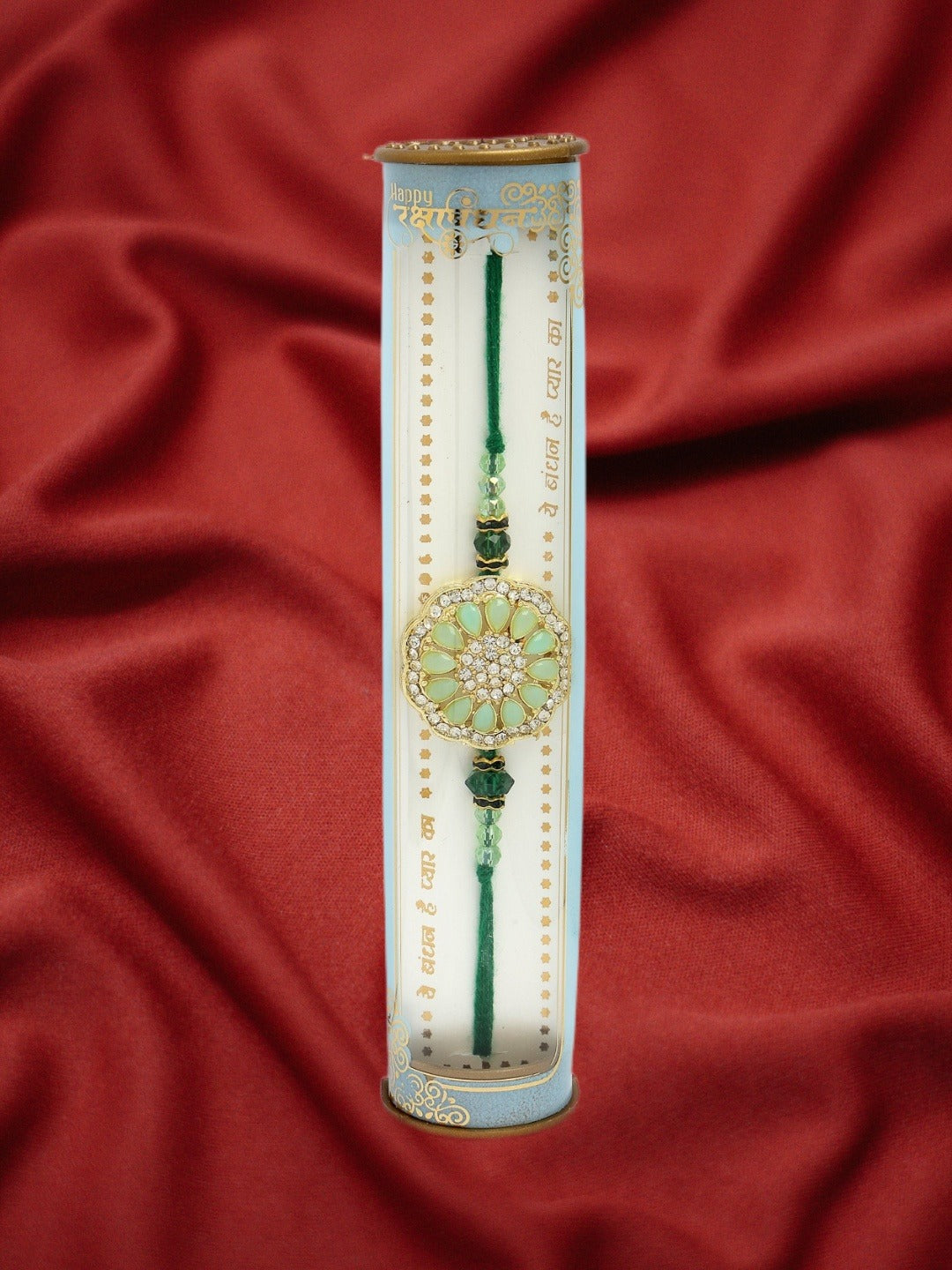 Green Stone-Studded Rakhi With Roli Chawal & Chocolate