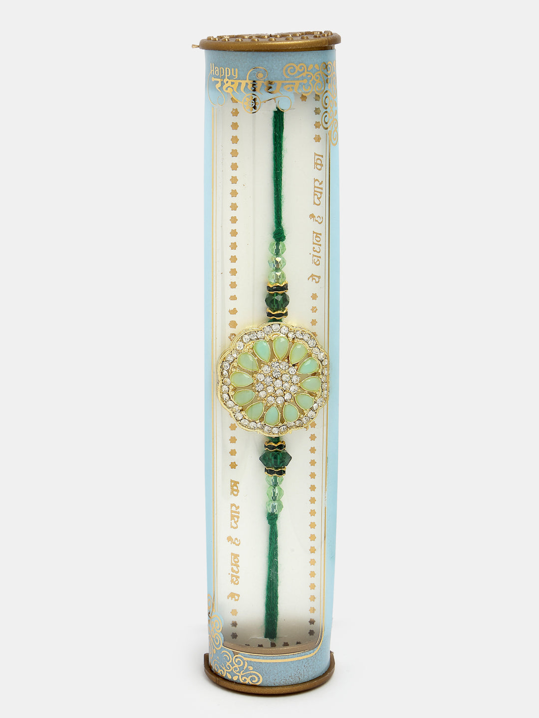 Green Stone-Studded Rakhi With Roli Chawal & Chocolate