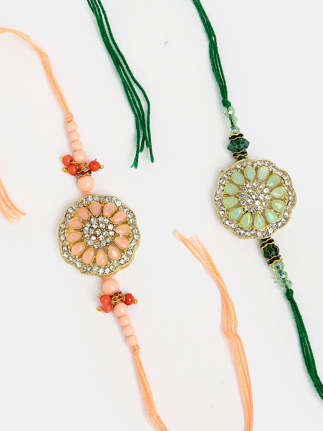 Set Of 2 Pink & Green Stone-Studded Rakhi With Roli Chawal