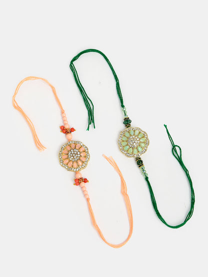 Set Of 2 Pink & Green Stone-Studded Rakhi With Roli Chawal