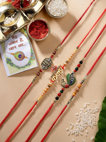 Set Of 4 Multicolor Radha Krishna & Peacock Design Rakhi With Roli Chawal