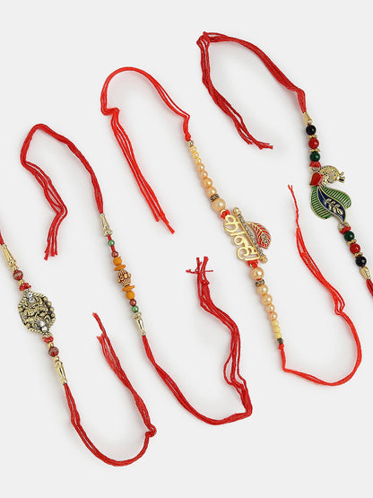 Set Of 4 Multicolor Radha Krishna & Peacock Design Rakhi With Roli Chawal