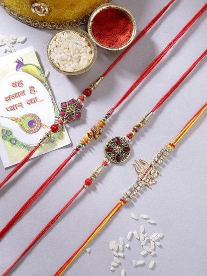 Set Of 4 Multicolor Stone-Studded Rakhi With Roli Chawal & Chocolate