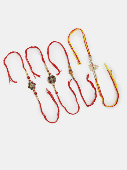 Set Of 4 Multicolor Stone-Studded Rakhi With Roli Chawal & Chocolate