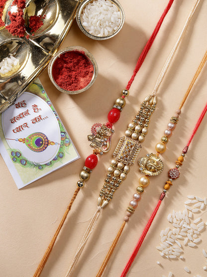 Set Of 4 Multicolor Stone-Studded Ganesh Rakhi With Roli Chawal & Chocolate