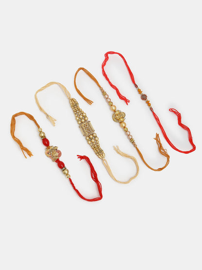 Set Of 4 Multicolor Stone-Studded Ganesh Rakhi With Roli Chawal