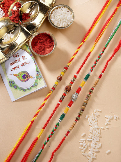 Set Of 4 Multicolor Artificial Stone And Beads Rakhi With Roli Chawal