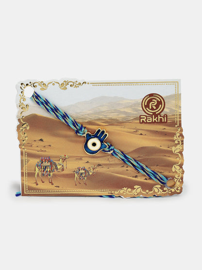 Set Of 4 Blue Evil Eye Charm Rakhi With Roli Chawal & Chocolate