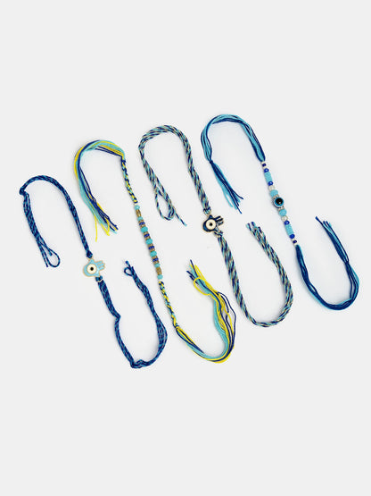 Set Of 4 Blue Evil Eye Charm Rakhi With Roli Chawal & Chocolate