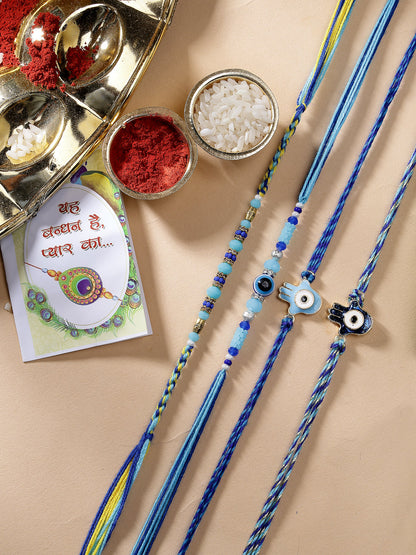 Set Of 4 Blue Evil Eye Charm Rakhi With Roli Chawal