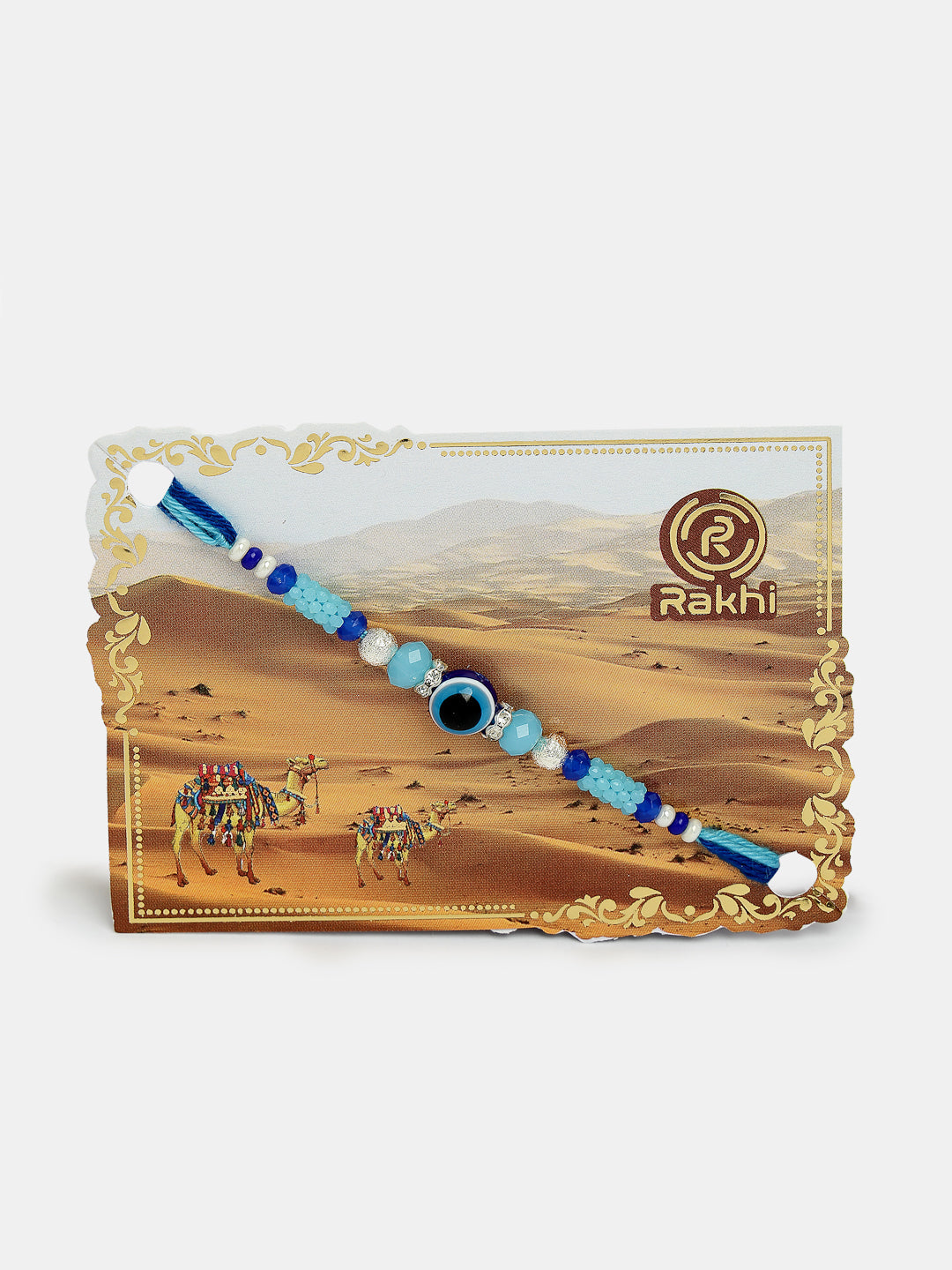 Set Of 4 Blue Evil Eye Charm Rakhi With Roli Chawal
