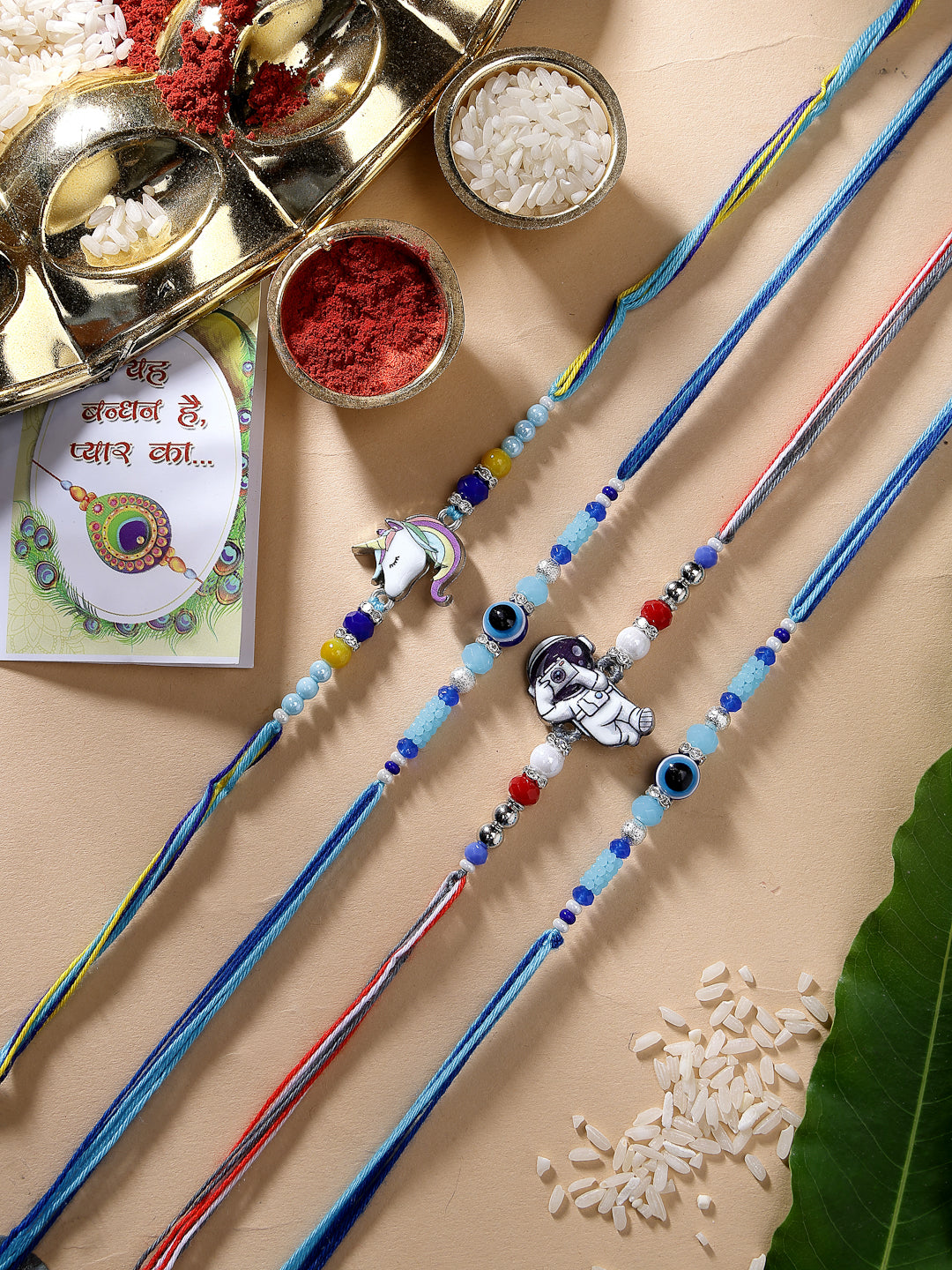 Set Of 4 Multicolor Evil Eye & Artificial Stone And Beads Rakhi With Roli Chawal