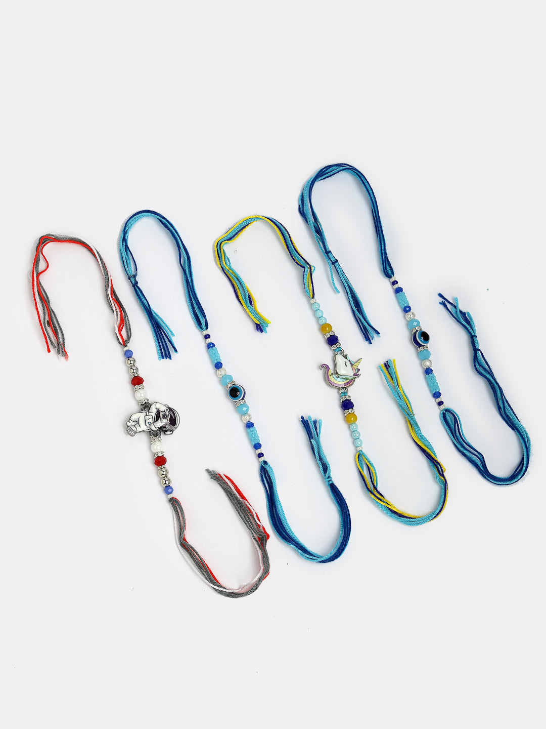 Set Of 4 Multicolor Evil Eye & Artificial Stone And Beads Rakhi With Roli Chawal