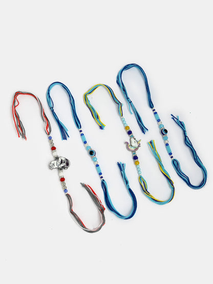 Set Of 4 Multicolor Evil Eye & Artificial Stone And Beads Rakhi With Roli Chawal